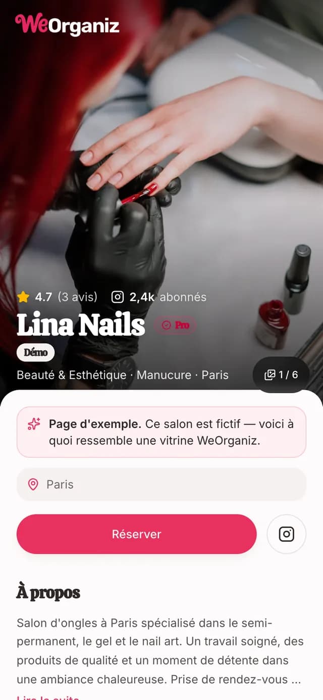 Exemple de vitrine WeOrganiz : Lina Nails, activité de démonstration